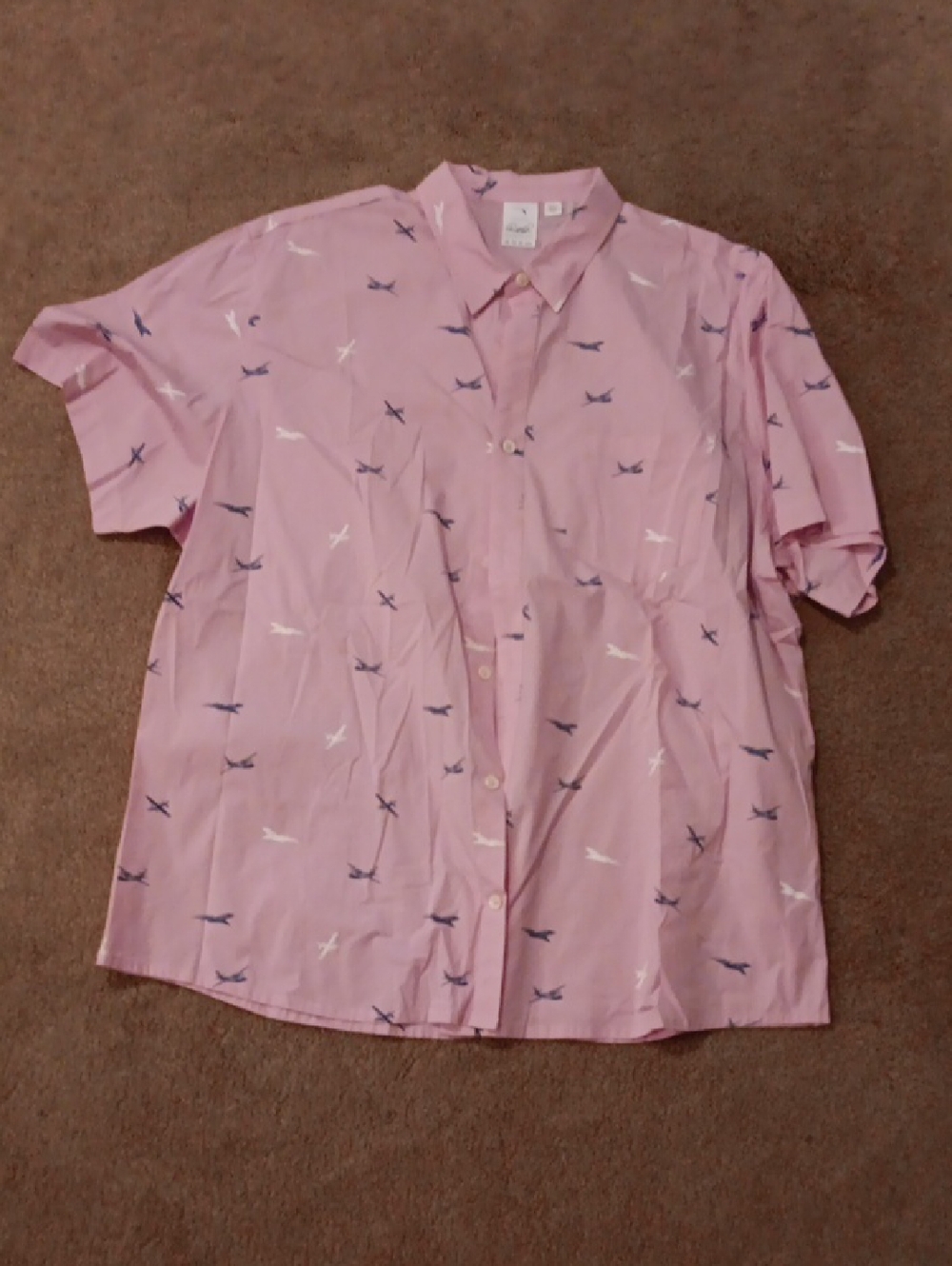 Men's Pink Short-Sleeve Button-Up Shirt with Bird Print